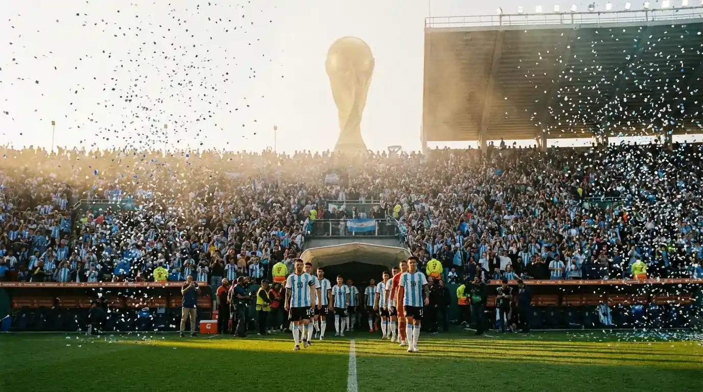 Argentinas landslag i hvitt og blått med VM-trofeet som bakgrunn foran VM 2026