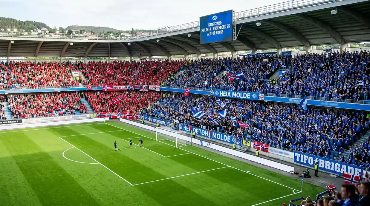 To lags supportere i fargerike drakter på et utsolgt fotballstadion før avspark