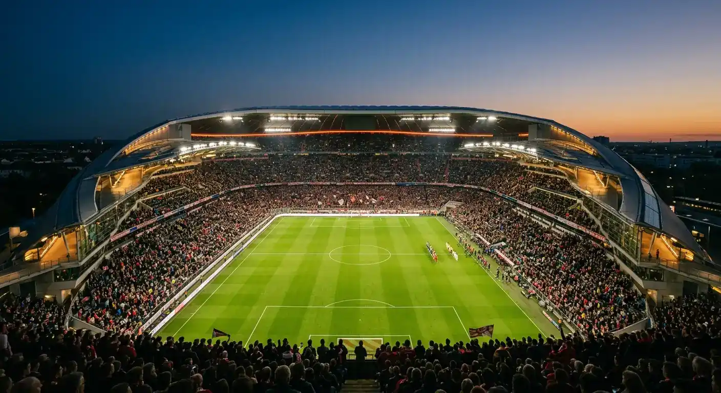 Et fotballstadion sett fra tribunen kort før avspark, med kveldslys og flomlys