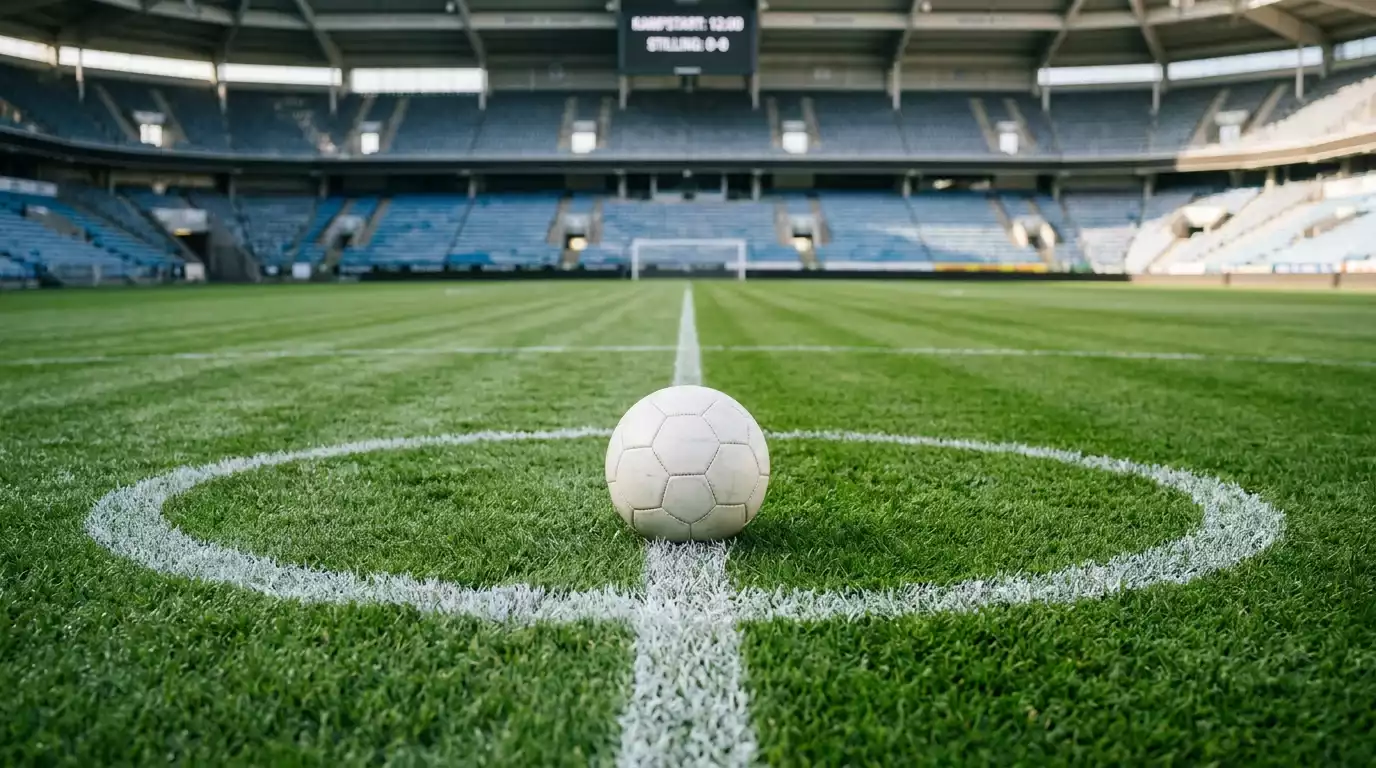 En fotball på midtsirkelen på en stripet gressmatte før kampstart