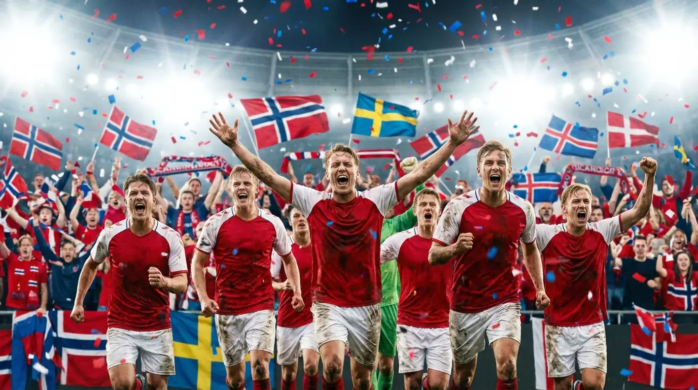 Norske fotballspillere i røde drakter feirer et mål foran jublende supportere med norske flagg på tribunen