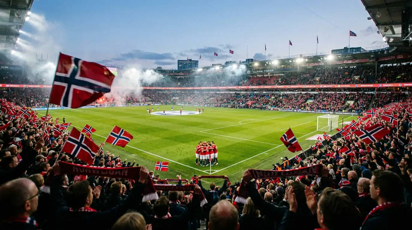Det norske landslaget feirer VM-kvalifisering 2026 med flagg og supportere