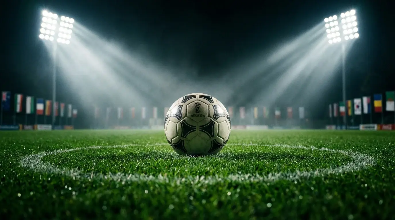 Nærbilde av en fotball på midtsirkelen foran tribuner med flagg fra mange nasjoner under et kveldslyst stadion