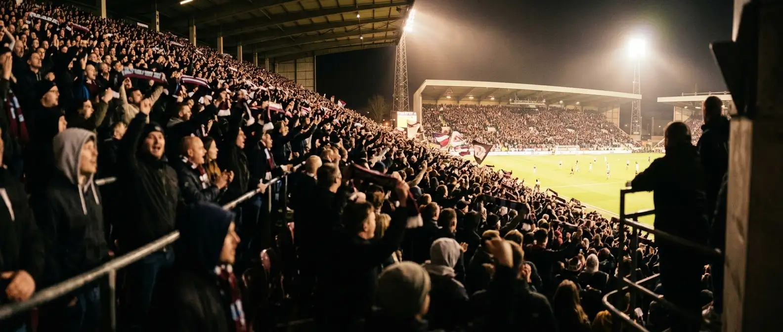 En overfylt stadiontribune under en kampkveld, stemningsbilde med flomlys