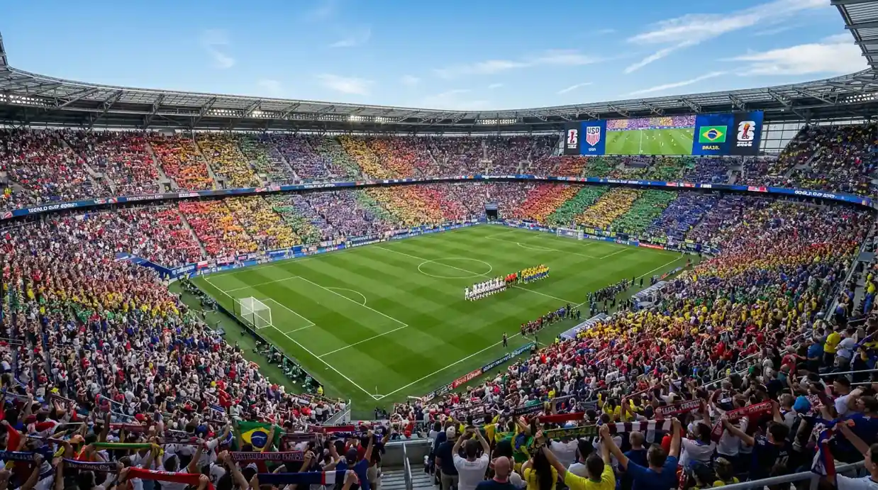 Panoramautsikt over et fullsatt VM-stadion i USA med fargerike supportere og det grønne gresset klart til avspark