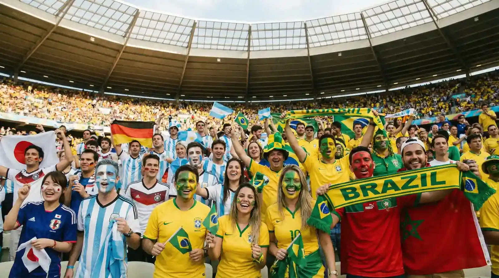 Supportere fra ulike land med ansiktsmaling og nasjonalfarger skaper stemning på en fullsatt VM-tribune